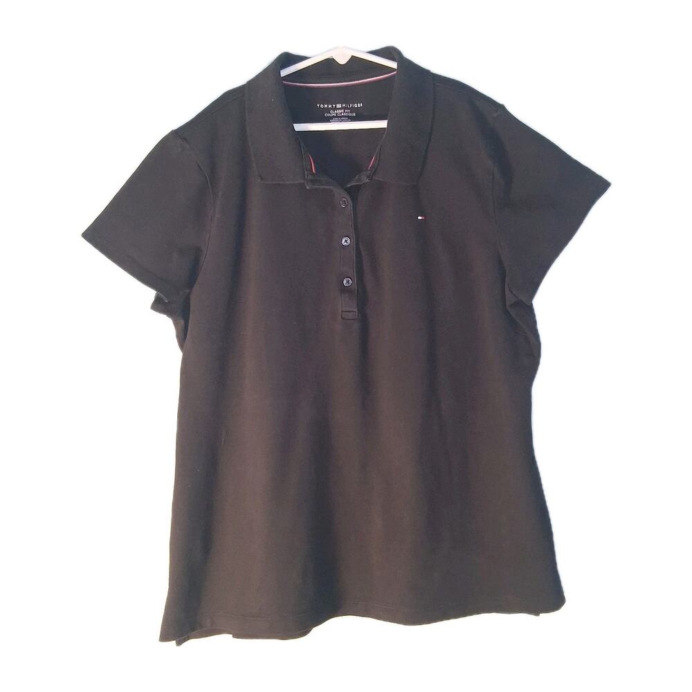 Tommy Hilfiger Women L Black Short Sleeve Classic Fit Polo Shirt Cotton Blend